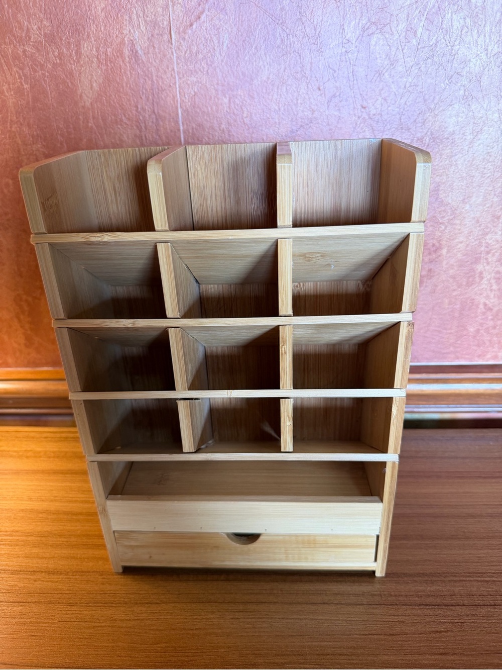 Bamboo Desk Organizer Wood Marker Holder Art Supply Storage with Drawer 12x8.25"